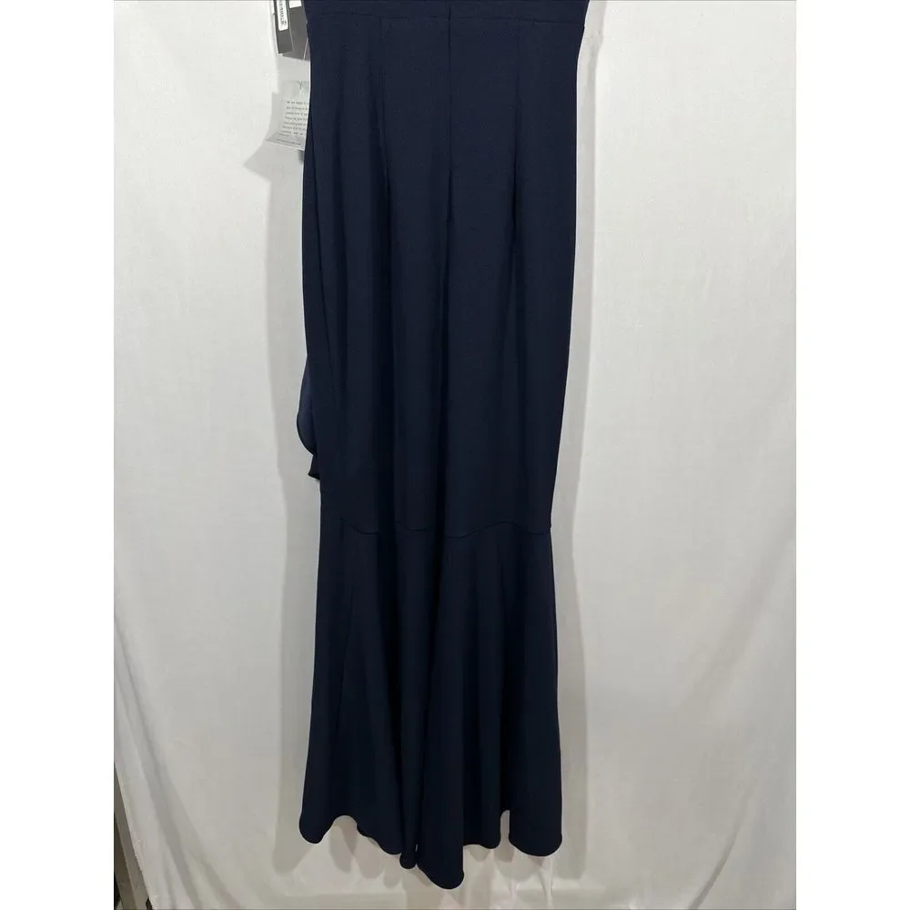 NWT $249 Betsy & Adam [ 6‎ ] V Neck Ruffled High-Low Gown Navy Blue